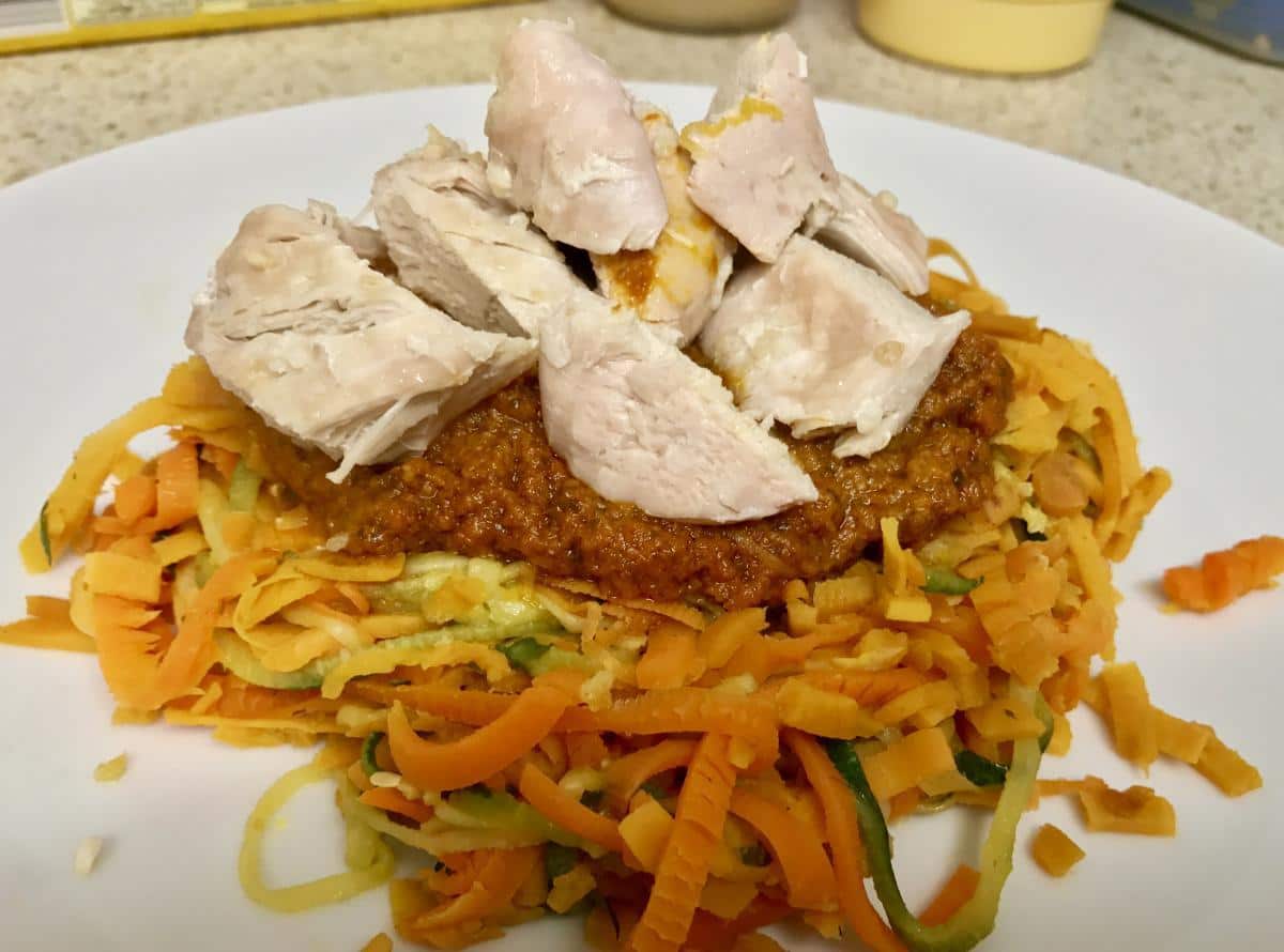 Sweet potato noodles with tomato pesto chicken